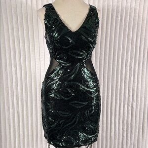 Sleeveless all over sequin green sequin bodycon mesh cut out sides party dress M
